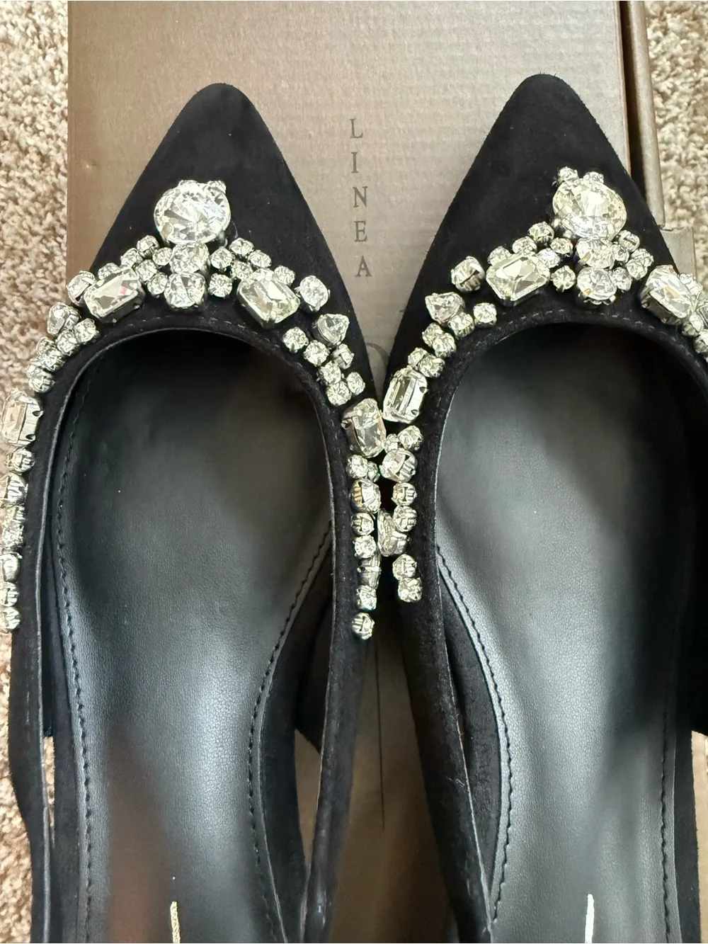 LINEA PAOLO  Crystal Embellished Slingback Pumps  Black Kitten Heel 5 Suede NIB
